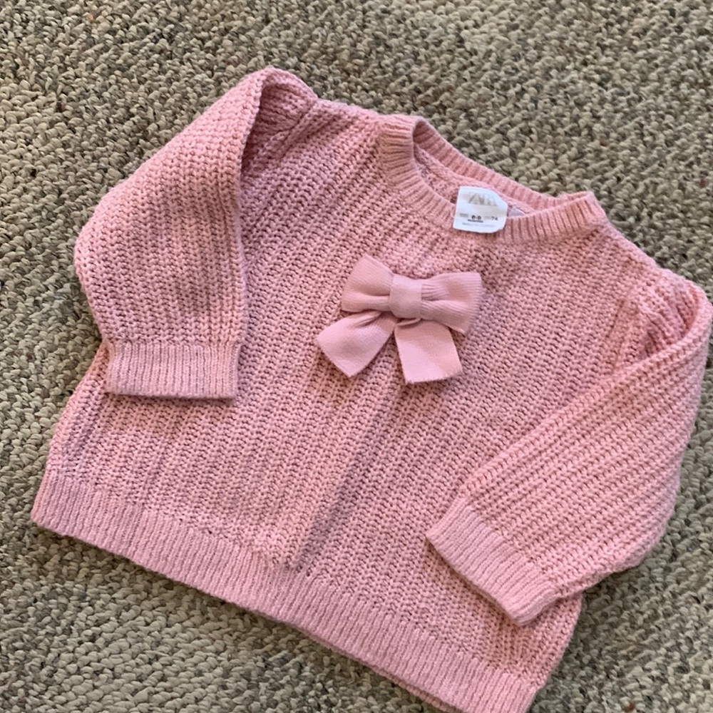 Zara Baby Girl Light Pink Cotton Sweater with Bow. Size 6-9 months.